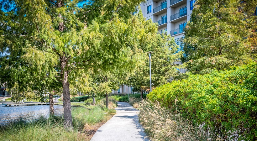 Lakeside Walking Trails with lush landscaping